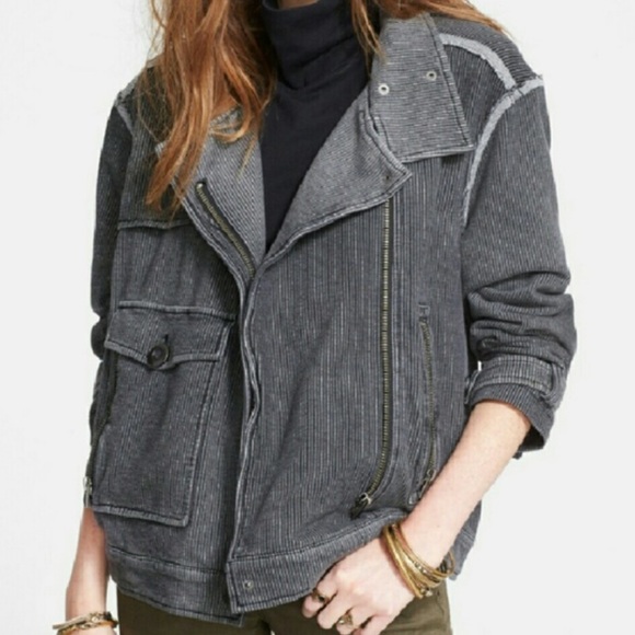 EUC FREE PEOPLE railroad knit pin stripe black grey jacket size S/M - Picture 2 of 16